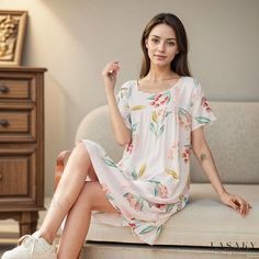 Lasaky - Loose-Fitting Cotton Sleep Dress with Fashionable Print, Perfect for Leisure and Homewear: Short-Sleeved Cotton Slip Dress Satin Sleep Dress, Silk Sleep Dress, Vacation Maxi Dress, Loungewear Dress, Floral Chiffon Maxi Dress, Sleepwear Dress, Silk Sleepwear, Cotton Slip, Pajama Dress