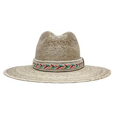 Bisbee | Womens Wide Brim Straw Hat brings a touch of vibrant style to sun protection. Crafted from durable Mexican palm, this safari hat features a woven jute band with colorful accents and a concho, making it perfect for women seeking both style and function. Material: Midweight Mexican Palm Shape: Fedora Trim: Braided Woven Jute Band with Brass Concho Brim Size: 3 1/2" Crown Height: 3 3/4" Sweatband: Elastic Sweatband Imported Bohemian Panama Hat For Spring, Summer Woven Hat Bands, Summer Toquilla Straw Panama Hat, Summer Woven Straw Hat One Size, Cream Hat Bands For Summer Vacation, Adjustable Toquilla Straw Sun Hat For Garden Party, Spring Panama Hat In Toquilla Straw, Summer Brimmed Hat Bands For Garden Party, Toquilla Straw Sun Hat For Spring