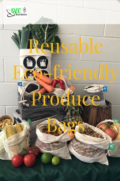 produce bags with the words reusable eat - friendly produce bags on them and various fruits and vegetables