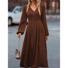 Solid Buttoned Dresses For Fall, Buttoned Dresses For Fall, Solid Fall Dress With Buttons, Fall Solid Color Dress With Buttons, Fall Solid Color Buttoned Dresses, Chic Brown Midi Dress With Buttons, Brown Fall Midi Dress With Button Closure, Winter Midi Dress With Buttons, Brown Long Sleeve Midi Dress With Buttons