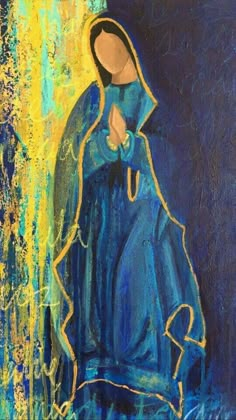 an oil painting of a woman in blue