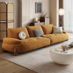 a living room with a yellow couch and white rug in front of a large window