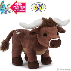 the stuffed bull is brown with white horns