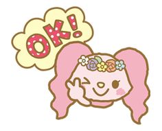 a cartoon girl with pink hair and flowers in her hair has an ok sign above her head