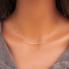 "Hand formed and hammered curved bar necklace made from 14k gold filled materials. Takes me about 2-3 business days to make before shipping. *PLEASE NOTE - Because the bar is incorporated directly into the chain, the design is a little more rigid than if it was just a chain on its own. I recommend sizing up with this necklace. Whatever length you normally wear that \"just fits\" than get the next length up. It is better to have it a little longer than too tight. It will give you more freedom of Dainty Fashion, Hand Jewelry Rings, Jewelry Necklace Simple, Curved Bar Necklace, Feminine Necklace, Curved Bar, Mini Necklace, Fancy Necklace, Gold Bar Necklace