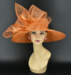 ✿*.Key Features.*✿ This is a wide brim hat with same color big sinamay bows and crin bow, very elegant and beautiful.  Great for Kentucky derby, weddings, church, Easter, Royal Ascot, horse races, cocktails, tea party, or any hat wearing occasion. Hat base size: From front to back: 17.75" (45cm) From left to right: 19" (48cm) Wide brim Appr: 5.12~6.5" Head girth: 22.5" (57cm) , adjustable string inside to make smaller to fit your head. If you want other colors in this style, just search the same item code in my store, you will find them. ✿*.Tip.*✿ ❣️If you want a customized piece, please follow the instructions below: 🔹Present style of hat or fascinator you would like from the store, with additional photos of your outfit and any other details you'd like me to know. 🔹After this process is Adjustable Wide Brim Costume Hats For Church, Orange Sun Hat With Curved Brim, Adjustable Wide-brim Costume Hats For Church, Orange Curved Brim Sun Hat, Wide Brim Boater Hat For Kentucky Derby, Elegant Summer Fedora With High Crown, Adjustable Wide Brim Hats For Church, Kentucky Derby Fedora Straw Hat For Church, Fedora Straw Hat For Kentucky Derby And Church