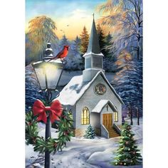 a painting of a church in the snow with a red bird on it's roof