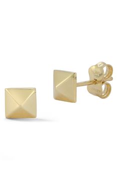 A 14K yellow gold pair of stud earrings are shaped like pyramids for an edgier touch. 0.2" drop Post back 14K yellow gold Made in Turkey 14k Gold Diamond Cut Diamond-shaped Earrings, Formal Yellow Gold Diamond-shaped Earrings, Gold Diamond-shaped 14k Earrings, 14k Gold Diamond-shaped Earrings, Elegant Yellow Gold Studs For Gift, Elegant Yellow Gold Studs As Gift, Square Pyramid, Post Metal, Jewelry Earrings Studs