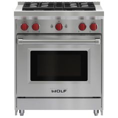 a stainless steel stove with red knobs and two burners on the front, against a white background