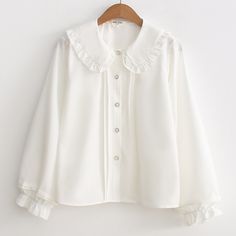 Fabric:+Cotton,    color:+White,    Style:+long+sleeves,+short+sleeves,    Size:+M,+L,    M:+shoulder+width+37cm,+length+55cm,+chest+circumference+92cm,+sleeve+length+56+cm,    L:+shoulder+width+38cm,+length+57cm,+bust+96cm,+sleeve+length+57cm, Chic Long Sleeve Ruffled Shirt, Solid Color Ruffle Shirt For Work, Solid Color Ruffled Shirt For Work, Elegant Long Sleeve Shirt With Ruffles, Solid Color Ruffled Workwear Shirt, Elegant Long Sleeve Ruffled Shirt, Fall Office Shirt With Ruffled Collar, Elegant Collared Shirt With Ruffles, Chic Shirt With Ruffled Collar And Details