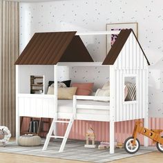 a child's bedroom with a white bunk bed, pink and brown wallpaper