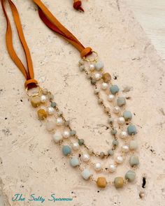 Triple Layer Amazonite & Pearl Necklace Elegant Adjustable Amazonite Beaded Necklaces, Bohemian Pearl Necklace, Leather Beaded Jewelry, Boho Jewelry Gold, Diy Pearl Necklace, Three Strand Necklace, Boho Style Necklaces, Boho Beautiful, Stone Beaded Necklace