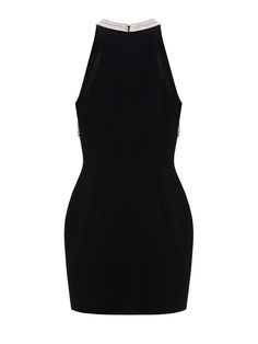 A little black dress with halter neckline that features rows of lustrous crystal cord accents at the top. Composition: 98% spun polyester, 2% spandex Halter neckline Designed to be fitted at the bust, waist and hips Mid-weight, stretchy fabric Concealed zip fastening in the back Fully lined Model is 170cm/ 5'8" and is wearing a size 2 A Little Black Dress, Neckline Designs, Halter Mini Dress, Halter Neckline, Stretchy Fabric, Little Black Dress, Black Dress, Size 2, Composition