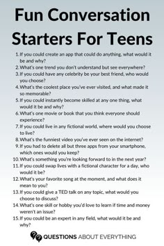 a poster with the words fun conversation starter for teens on it's back cover