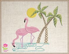 a pink flamingo is standing in the water next to two palm trees and a yellow ball