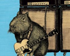 a drawing of a rodent playing an electric guitar next to amps on a blue background