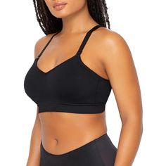 Our first seamless bra! Ease into ultra-smooth seamless microfiber wire-free cups that lift, shape and support. Strategically engineered support zones with a wicking finish, paired with seamless technology without any elastics or underwires, for extra all-day wear. Uplifting inner support that provides separation for a natural, forward-facing look. Designed with 4-way stretch fabric, youll get a lot more support than your average lounge bra, ideal for medium impact activities. Wide & tall wing c Lounge Bra, Seamless Bra, 4 Way Stretch Fabric, Bra, Couture, Fabric, How To Wear, Black