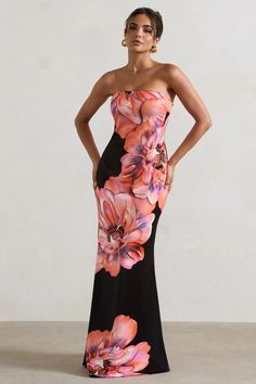 Sofiane Black & Pink Floral Print Bandeau Maxi Dress – Club L London - USA Spring Party Bandeau Maxi Dress, Spring Floral Print Strapless Prom Dress, Strapless Floral Print Dresses For Prom Season, Summer Bandeau Maxi Dress For Prom, Fitted Floral Print Strapless Dress For Prom, Spring Prom Strapless Floral Dress, Spring Prom Strapless Dress With Floral Print, Fitted Floral Print Strapless Prom Dress, Bandeau Maxi Dress For Summer Prom