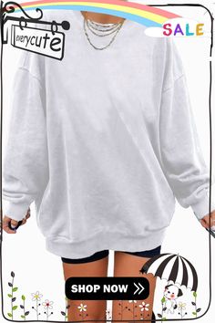 White Oversized Solid Drop Shoulder Sweatshirt Drop Shoulder Sweatshirt, Dropped Shoulder Sweatshirt, Drop Shoulder, Fall Winter, Shop Now, Sweatshirts, Women's Top, T Shirt, White