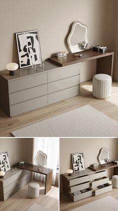 the sideboard in this room is made from wood and has two drawers on each side