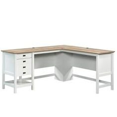 the corner desk has two drawers on one side and an open drawer on the other