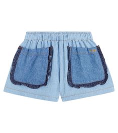 Ruffle-trimmed cotton shorts in blue - Tinycottons | Mytheresa Cotton Bottoms With Built-in Shorts And Cutoff Shape, Blue Cotton Jean Shorts With Side Pockets, Summer Jean Shorts With Patch Pockets, Spring Shorts With Contrast Stitching, Blue Short Bottoms With Patch Pockets, Cotton Shorts With Frayed Hem, Short Cotton Bottoms With Patch Pockets, Summer High-waisted Shorts With Patch Pockets, Cotton Shorts With Frayed Hem For Summer