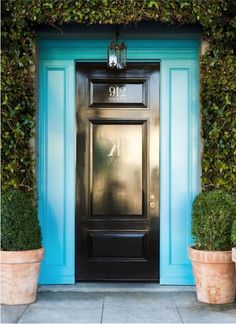 a black door with the number 91 on it and two potted plants next to it