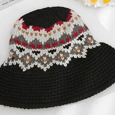 Knitted Bucket Hat Tribal Design Patterns Beautiful Seasonal Colors Warm & Cozy Adjustable Knit Crochet Winter Hat, Adjustable Knit Crochet Hat For Winter, Black Short Brim Beanie, One Size, Black Acrylic Beanie, Casual Black Crochet Hat For Outdoors, Casual Black Beanie With Short Brim, Casual Black Crochet Hat For Outdoor, Casual Black Acrylic Beanie, Black Crochet Beanie For Outdoor