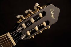 an acoustic guitar headstocked against a black background