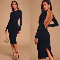 New With Tags You'll Be Catching Kisses Left And Right When You Strut Your Stuff In The Lulus Va Va Voom Black Backless Long Sleeve Midi Dress! Curve-Loving Ponte Knit Hugs Your Figure From A High, Rounded Neckline Down To A Midi-Length Hem. Long Sleeves Frame An Ultra-Deep V (With Hidden V-Bar For Added Structure) At Back That Dips Low To Show Off Your Sexy Side. Kick Pleat At Back. Unlined. 65% Rayon, 30% Nylon, 5% Spandex. Hand Wash Cold. Do Not Bleach. Line Dry. Iron Low Heat. Imported. Styl Low V Neck Dress With Sleeves, Deep V Dress Long Sleeve, Classy Deep V Dress, Black Dress Classy Long Sleeve Lulus, Long Sleeve Deep V Neck Dress, Long Figure Hugging Dresses, Black Dress Elegant, Long Sleeve Bodycon Midi Dress, Red Lace Midi Dress