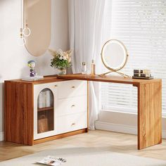 a wooden desk with a mirror and vase on it