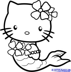 the hello kitty mermaid coloring page is in black and white, with an image of her tail