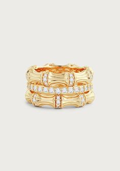 Sculpted from 18k gold dipped brass and adorned with sparkling crystals, the bamboo stack ring are thick enough to make a statement, yet crafted to be worn comfortably. Bamboo Ring, Thick Gold Ring, Mens Diamond Jewelry, Bamboo Jewelry, 3d Printed Jewelry, Baguette Ring, Stacking Ring Set, Stack Ring, Gold Ring Stack