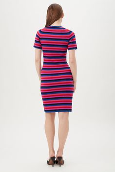 NIJINSKI SWEATER DRESS Ribbed Stretch Midi Dress With Short Sleeves, Stretch Ribbed Midi Dress With Short Sleeves, Stretch Ribbed Bodycon Dress With Short Sleeves, Crew Neck Bodycon Dress, Knee-length Ribbed Bodycon Sweater Dress, Casual Fitted Crew Neck Midi Dress, Fitted Casual Midi Dress With Crew Neck, Trendy Ribbed Knee-length Midi Dress, Striped Ribbed Bodycon Dress