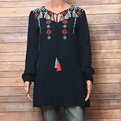 100% Rayon Fully Lined Hand Wash Cold Or Dry Clean Blue Tunic Tops For Fall, Blue Tunic Blouse For Fall, Indie Chic, Mint Green Tops, Doll Blouse, Floral Embroidered Top, Ruffle Sleeve Blouse, Vintage Blouse, Black And White Blouse