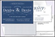 the wedding stationery is shown with blueprints and white paper, including two envelopes