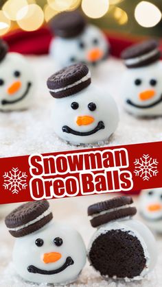 Easy Snowman Oreo ball truffles covered in white chocolate and decorated with a mini oreo cookie, carrot nose sprinkle, and black icing. Melted Snowman Chocolate, Melted Snowman Oreo Balls, Snowman Oreo Balls Recipe, Snowman Oreo Balls, Christmas Chimney, Decorated Oreos, Black Icing, Oreo Balls Recipe