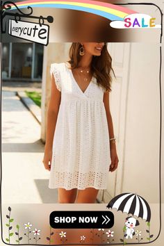 Casual Cotton Ruffle Strap Smocked Eyelet Mini Dress Summer Smocked Short Sleeve Dress For Day Out, Summer Short Sleeve Smocked Dress For Day Out, Spring Smock Mini Dress With V-neck, Spring V-neck Smock Mini Dress, Casual V-neck Smocked Mini Dress, Non-stretch Casual Smocked Summer Dress, Summer Daywear Smocked Dress With Lace Trim, Summer V-neck Mini Dress With Smocked Bodice, Summer Smocked Dress With Lace Trim For Daywear