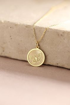 Gold Butterfly Pendant - Butterfly Gold Necklace ● Material of pendant: Solid Gold 14k ( REAL GOLD ) ● Metal Stamp: 14k ( REAL GOLD ) ● The pendant is available in 5 sizes: - 12,7 mm / 0.5 inches (Diameter) - 14,0 mm / 0,55 inches ( Diameter ) In the photos - 15,3 mm / 0.6 inches ( Diameter ) - 16,5 mm / 0,65 inches ( Diameter ) - 19,1 mm / 0,75 inches ( Diameter ) ( In the photos the size is 14mm / 0.55 inches Diameter ) ( Jump Ring inner diameter: 4 mm ) ● Material of chain: Solid gold 14k ( R Butterfly Charm Pendant Jewelry For Anniversary, 14k Yellow Gold Necklace With Butterfly Charm, White Gold Jewelry With Butterfly Charm For Anniversary, Anniversary White Gold Jewelry With Butterfly Charm, Butterfly Charm Pendant Necklace As Gift, Butterfly Charm Pendant Necklace For Gift, Tarnish Resistant Yellow Gold Charm Necklace For Her, Yellow Gold Plated Round Charm Necklace, Fine Jewelry Butterfly Charm As Gift