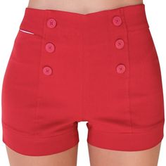 Super Stretch, High-Waisted Pull-On Shorts With Decorative Sailor-Style Front Buttons. Never Worn. Red Summer Pants With Built-in Shorts, Retro High Waist Solid Bottoms, Retro Fitted Short Bottoms, Red Summer Bottoms With Pockets, Fitted Red Short Bottoms, Retro Red Beach Shorts, High Waist Red Pants For The Beach, Red Short Cotton Pants, High Waist Red Cotton Shorts