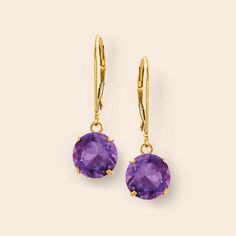 Ross-Simons - 3.20 ct. t. w. Amethyst Drop Earrings in 14kt Yellow Gold. Celebrate a February birthday wearing these royal purple amethyst earrings complemented by sun-kissed 14kt yellow gold. Bright 3.20 ct. t. w. round-cut amethyst gemstones make a luxurious statement. Hanging length is 1". Leverback, amethyst drop earrings. Amethyst birthstones are the perfect gift for February birthdays. Amethyst Earrings Fine Jewelry For Formal Occasions, Elegant Amethyst Earrings For Formal Occasions, Elegant Amethyst Round Earrings, Elegant Round Amethyst Earrings, Formal Purple Round Earrings, Classic Amethyst Drop Earrings, Classic Amethyst Drop Earrings Jewelry, Classic Gemstone Earrings For Formal Occasions, Classic Formal Gemstone Earrings