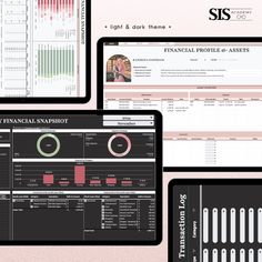 three computer screens displaying financial snapshots