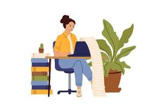 a person sitting at a desk with a laptop and potted plant in the background