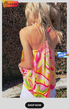 Pink Abstract Floral Print Knotted Halter Tank Top Vibrant Summer Beach Blouse, Vibrant Spring Beach Tops, Summer Party Blouse With Vibrant Print, Vibrant Summer Blouse For Day Out, Multicolor Summer Blouse, Vibrant Spring Vacation Tops, Summer Party Printed Blouse, Multicolor Halter Neck Top For Beach Season, Chic Colorful Summer Tops