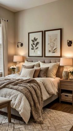 Master Bedrooms Decor Tan Walls, Brown Bed Pillows, Light Brown Headboard Bedroom, Beige Brown Blue Bedroom, Bedroom Decor With Carpet Floors, Light Tan Bedroom, Neutral Color Bedding, Bedding Ideas Brown, Tan Wall Bedroom