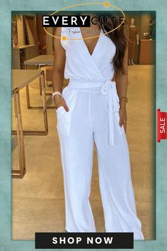 Sexy Elegant Solid with Belt V Neck Regular Jumpsuits(5 Colors) White Solid Color Jumpsuit For Summer, White Summer Jumpsuits And Rompers Solid Color, Summer White Solid Color Jumpsuits And Rompers, Chic White Non-stretch Jumpsuits And Rompers, Chic Solid Color V-neck Bodysuit, Elegant V-neck Jumpsuits And Rompers For Vacation, Elegant Vacation Jumpsuits And Rompers With V-neck, Elegant V-neck Jumpsuit For Vacation, Trendy White High Waist Jumpsuits And Rompers