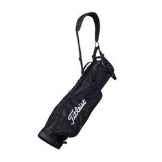 a black golf bag with white lettering on it