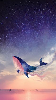 a whale flying through the air with stars in the sky above it and water below