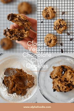 chocolate chip cookies on a cooling rack and in a glass bowl, with text overlay that reads classic vegan chocolate chip cookies