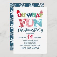 a christmas party card with the words oh what fun on it and snowflakes